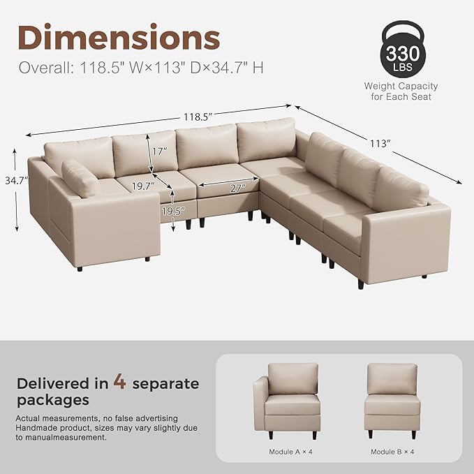 118.5" Faux Leather Modular Sectional Sofa, U Shaped Couch Set for Living Room, Large 8-Seater Comfy Cloud Couches with Storage Seat DIY Combination - Whitesand-HomvellaHome