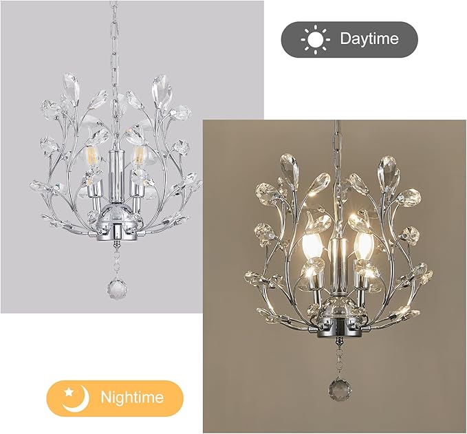 Ganeed 3-Light Branch Crystal Chandelier, Small Flush Mount Vintage Pendant Hanging Lighting, K9 Crystal Farmhouse Ceiling Light for Dining Room Bedroom Living Room Kitchen Hallway, Chrome Silvery-HomvellaHome