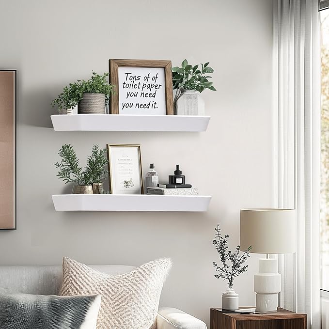 16"x6.8"x1.6" Slanted Floating Wall Shelves 2-Pack - Rustic White Finish, Heavy-Duty Solid Wood Design with Hidden Brackets - Perfect for Living Room, Kitchen, Bathroom, or Office-HomvellaHome