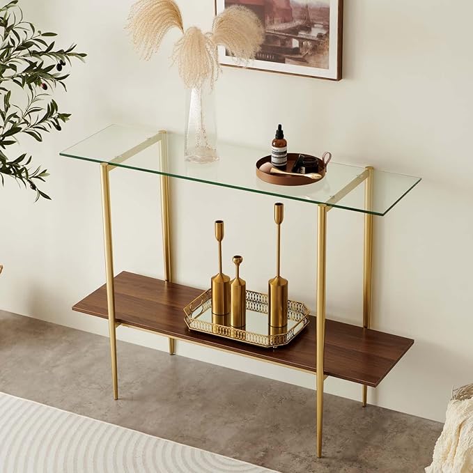 Glass Console Table for Living Room, Foyer & Entrance, 2-Tiers Mid-Century Modern Sofa Table with Clear Glass Top, Walnut Finish Wood Top and Gold Finish Metal Frame-HomvellaHome