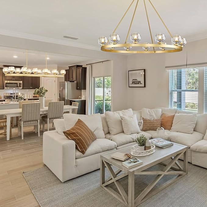 Gold Wagon Wheel Chandelier, 59 Inch Brass Chandeliers with Unique Glass Shade, 15-Light Crystal Large Wagon Wheel Chandeliers for Dining Room, High Ceiling Round Chandelier for Living Room, Foyer-HomvellaHome