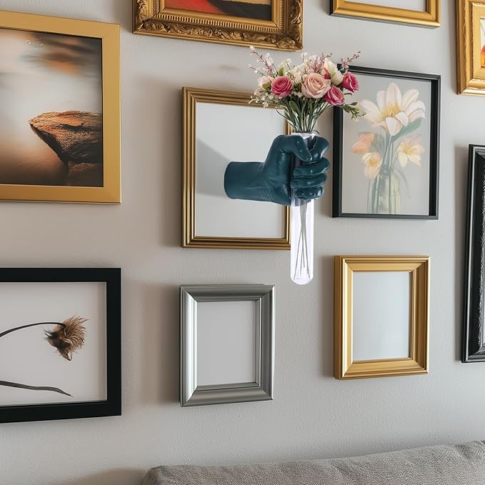 Green Wall Sculptures, Hand Vases Home Decor, Wall Mount Art Sculpture, Unique Wall Art Statue, Funky Flower Vase Decorations, Modern Eclectic Hanging Decor,Glass Test Tube Vase-HomvellaHome