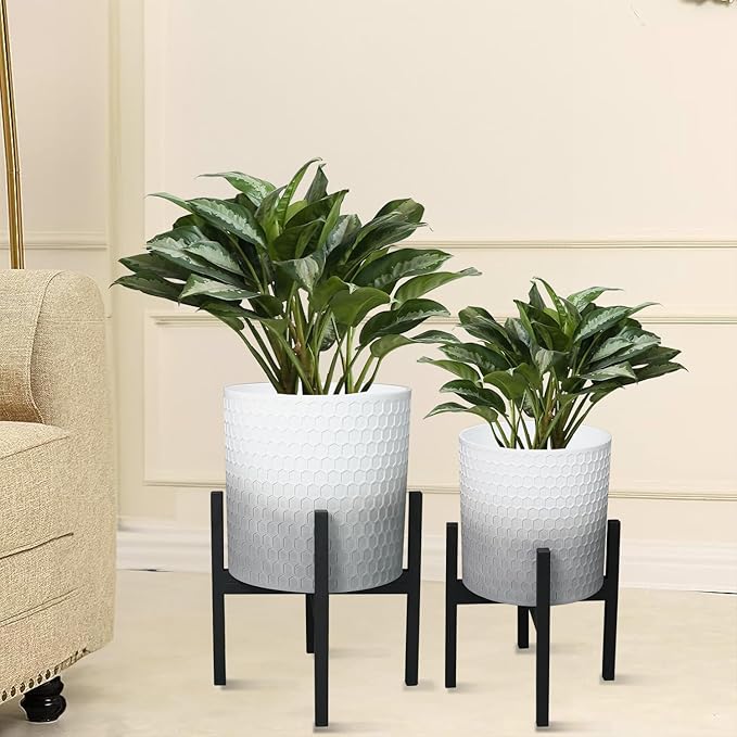 10 & 12 Inches Planters with Metal Sand for Indoor Plants Set of 2,Decorative Plant Pots with Holder, Outdoor Flower Pots with Legs, Modern Garden Pot with Drainage Holes for Snake Plant, House plants-HomvellaHome