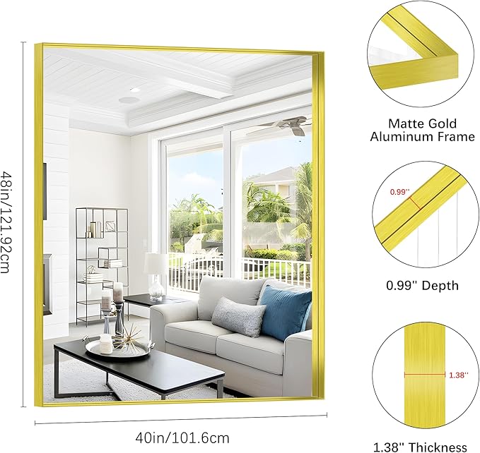 Gold Bathroom Mirror, 40x48 Inch Rectangular Framed Mirror, Large Wall Mounted Bathroom Vanity Mirror Over Sink for Bedroom,Restroom, Living Room, Hangs Vertically or Horizontally-HomvellaHome