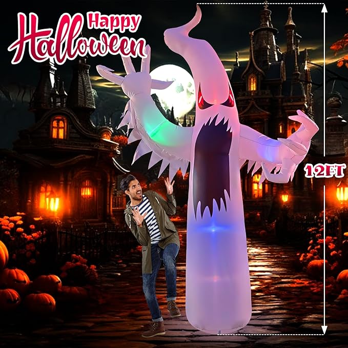 12FT Halloween Inflatables Giant White Ghost, Halloween Inflatable Outdoor Decoration, LED Colored Lights, Scary Red Eyes, Devil Claws, for Indoor and Outdoor Halloween Blow Ups Party Decorations-HomvellaHome