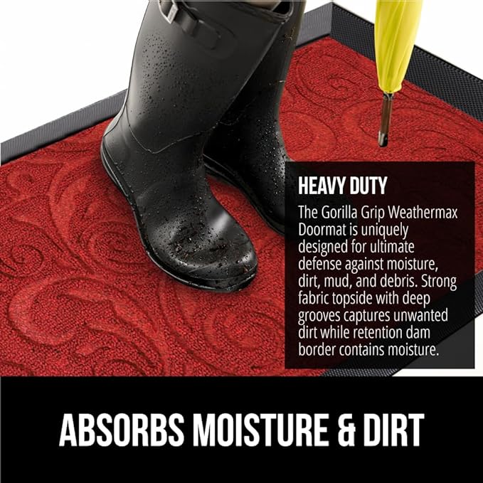 GORILLA GRIP 100% Waterproof All-Season WeatherMax Doormat 35x23, US Designed Natural Rubber, Stain and Fade Resistant, Low Profile Indoor Outdoor Door Mats, Easy Clean Patio Mat, Red Vintage Wine-HomvellaHome