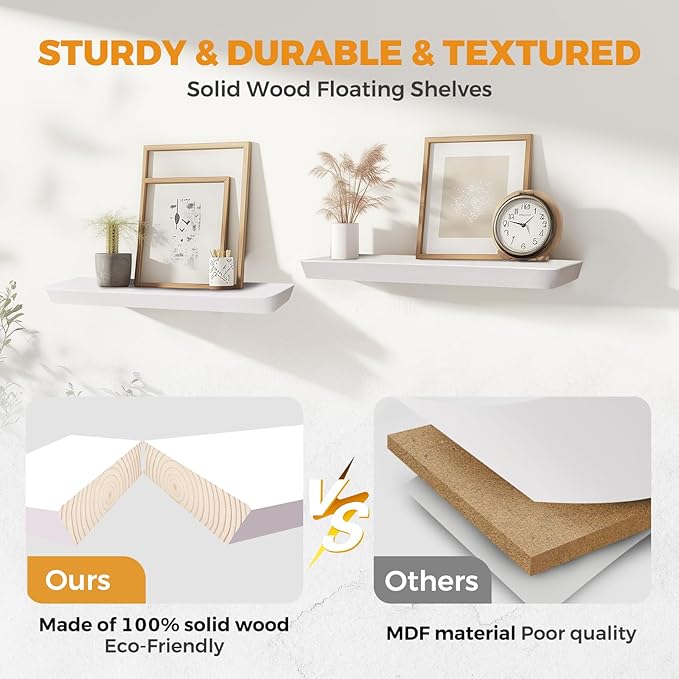 16"x6.8"x1.6" Slanted Floating Wall Shelves 2-Pack - Rustic White Finish, Heavy-Duty Solid Wood Design with Hidden Brackets - Perfect for Living Room, Kitchen, Bathroom, or Office-HomvellaHome