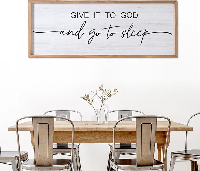 Give It to God and Go to Sleep Decorative Rustic Sign & Plaque Framed Wall Art for Couples, 40''×15'' Vintage Cottagecore Wooden Horizontal Wall Decor Above Bed, Farmhouse Wedding Gift for Bedroom-HomvellaHome