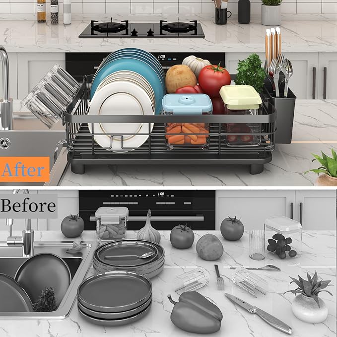 Godboat Dish Drying Rack, Dish Rack with Auto-Drain & Mat, Dish Drainers for Kitchen Counter, Glass Organizer for 4 Cups, 3 Slots Utensil Holder, Gifts for Women Mothers Day, Kitchen Gadgets & Decor-HomvellaHome