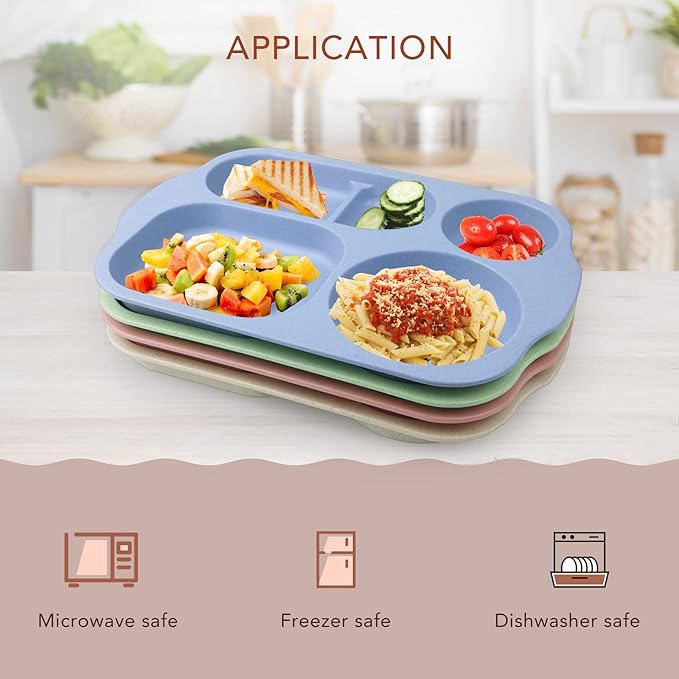 greenandlife 12 Inch (4PCS) Large Unbreakable Divided Plates for Kids Adults, Dishwasher & Microwave Safe Plate, Lightweight Reusable Plastic Compartment Plates, BPA Free and Healthy-HomvellaHome