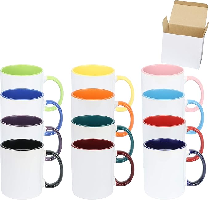 11oz White Ceramic Sublimation Coffee Mug in White Gift Box, 12 Mixed Colors, Case of 12-HomvellaHome