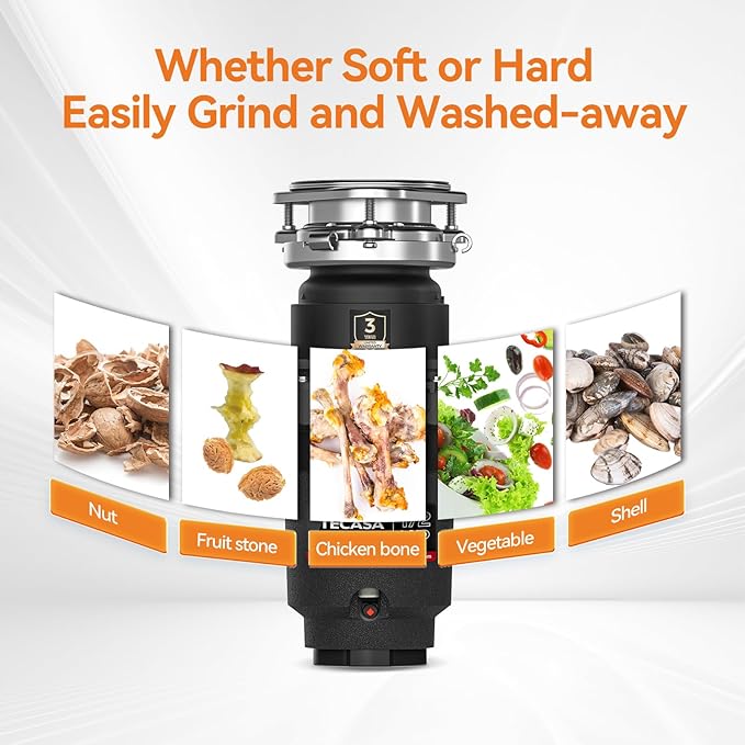 1/2 HP Garbage Disposal, TECASA Food Garbage Disposal with Power Cord, Stainless Steel Grinding System and 3-Bolt Mounting, Continuous Feed Compact Garbage Disposals, UL Certified, Taskmaid Series 50-HomvellaHome
