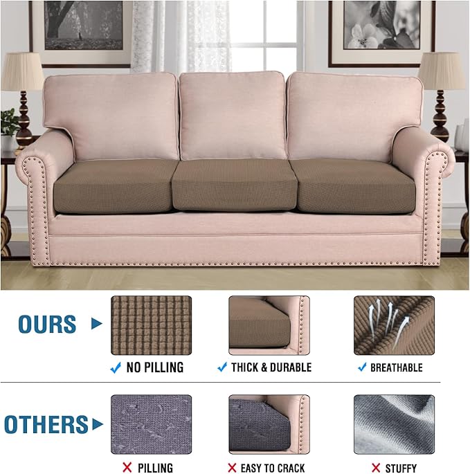 H.VERSAILTEX Super Stretch Individual Seat Cushion Covers Sofa Covers Couch Slipcover Sets Thick Jacquard Textured Twill Fabric (3 Piece Sofa Cushion Covers, Macchiato)-HomvellaHome