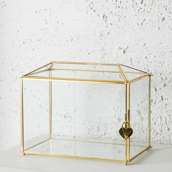 Glass Wedding Card Box with Slot, Large Clear Card Box 10.2 inch Gold Brass Gift Card Storage Box with Lock for Wedding Receptions, Baby Shower, Birthday Party, Bridal Shower-HomvellaHome
