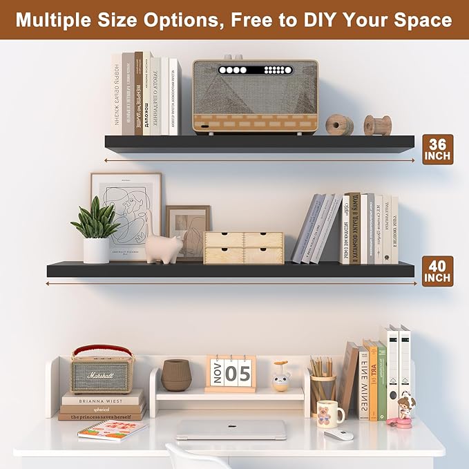 12 Inch Deep Floating Shelves for Wall 3 Pack Floating Shelves Large Storage Space Wall Mount Shelf for Living Room Kitchen Bathroom 36" W x 12" D x 1.2" H Black-HomvellaHome