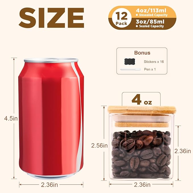 Glass Food Storage Jars Square 4oz, 12 Pack Glass Jars With Bamboo Lids, Kitchen Storage Containers For Spice, Candy, Cookie, Storage For Pantry Organizers-HomvellaHome