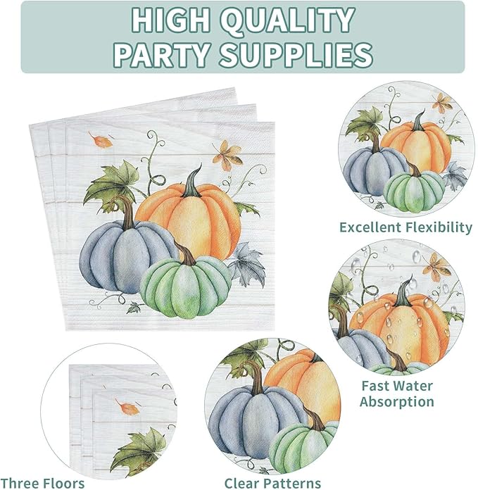 Grencian 200Pcs Fall Plates and Napkins Square Blue Pumpkins Plate Thanksgiving Paper Plates Pumpkin Wood Grain Dinnerware for Baby Shower Fall Harvest Family Thanksgiving Party Decorations, Serves 50-HomvellaHome