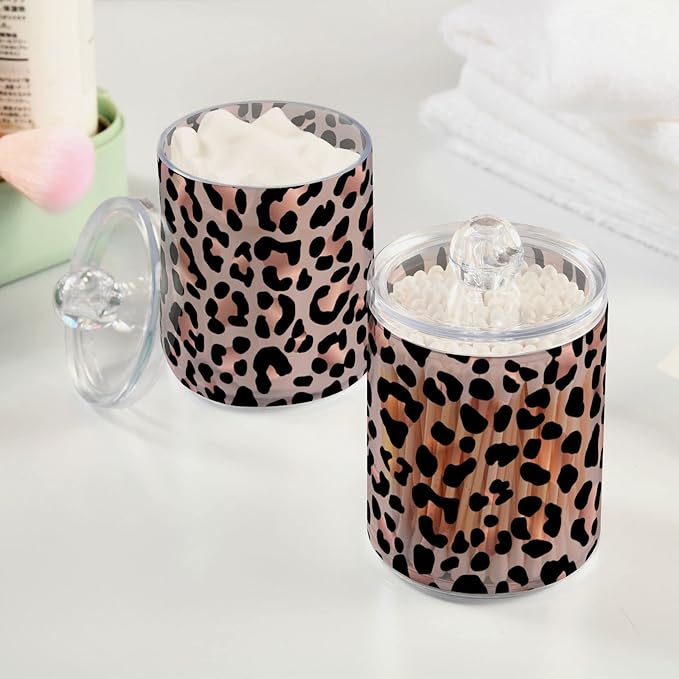 2 Pack Qtip Holder Dispenser Rose Gold Black Leopard Bathroom Storage Canister Lid Acrylic Plastic Apothecary Jar Set Vanity Makeup Organizer for Cotton Swab/Ball/Round Pads, Floss-HomvellaHome