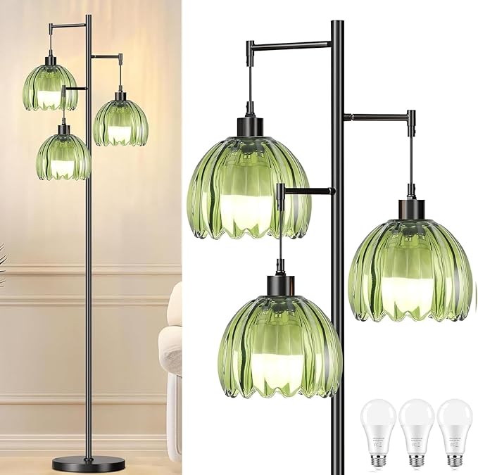Glass Gold Floor Lamp for Living Room,Bedroom,Mid Century Modern Standing Lamp Brass Tree 3 Light Tall Floor Lamps Vintage Retro Floor Lights Green Flower Lamp Shade Farmhouse Boho Bohemian-HomvellaHome
