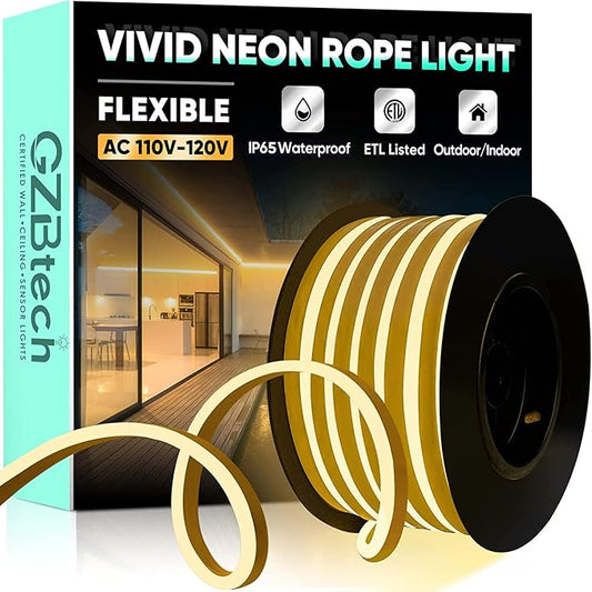 GZBtech Flexible LED Neon Rope Lights 33FT,AC 110-120V Waterproof Strip Light, 120 LEDs/M Cuttable Connectable Neon Lighting for Indoor Outdoor Home Decor/Commercial Building Use-Warm White 10M-HomvellaHome