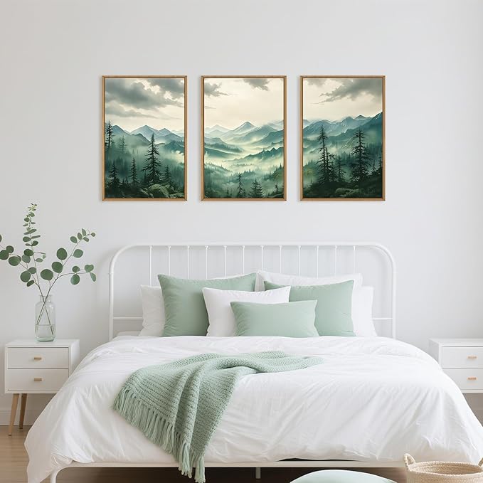 Green Foggy Mountain Framed Canvas Wall Art Set, Misty Forest Wall Decor, Watercolor Pine Tree Wall Painting, Large Nature Landscape Art Print for Living Room, Bedroom, Office - 16"X24"X3-HomvellaHome