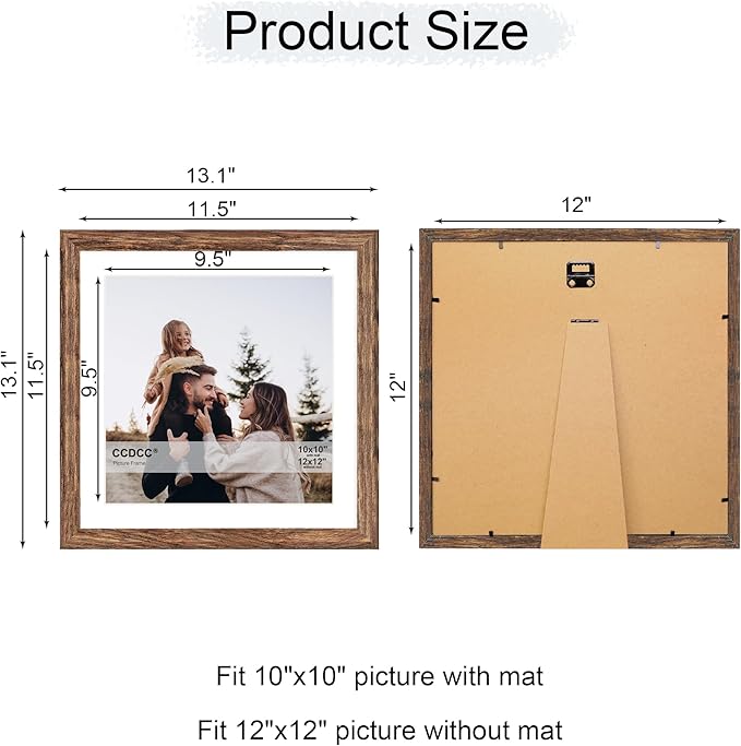 12x12 Picture Frame Set of 4, 12 x 12 Wood Photo Frames with Mat for 10x10 or 30x30cm Diamond Painting Art, Wooden Frame with Real Glass Cover for Wall and Tabletop Display,Rustic Brown-HomvellaHome
