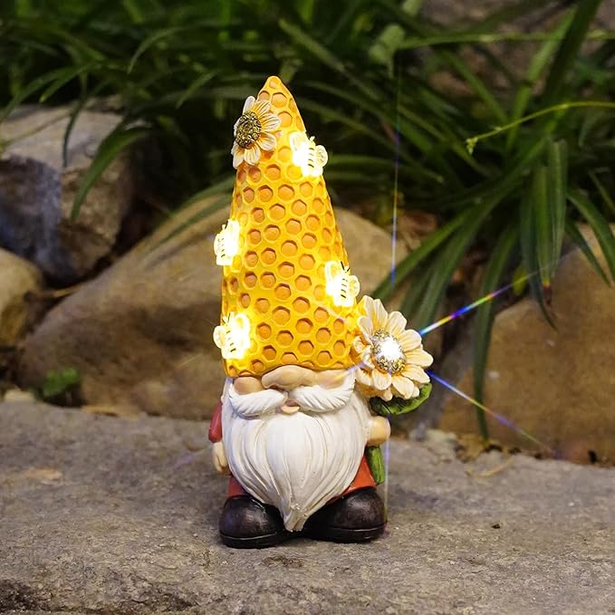Garden Gnome Statue Solar Powered with Glowing Bees Sunflower Outdoor Funny Resin Figurine Decorations for Patio Yard Lawn Porch Housewarming Ornament Gift-HomvellaHome