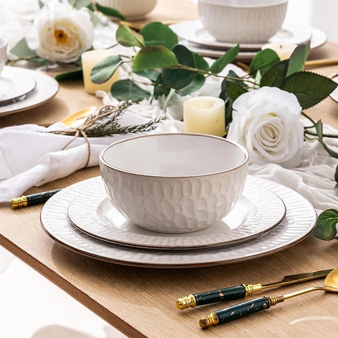 GBHOME Ceramic Dinnerware Sets,18 pcs Embossed Elegant Stoneware Plates and Bowls Sets, Housewarming Wedding Gift | Dishwasher & Microwave Safe | Dishes Set Service for 6-HomvellaHome