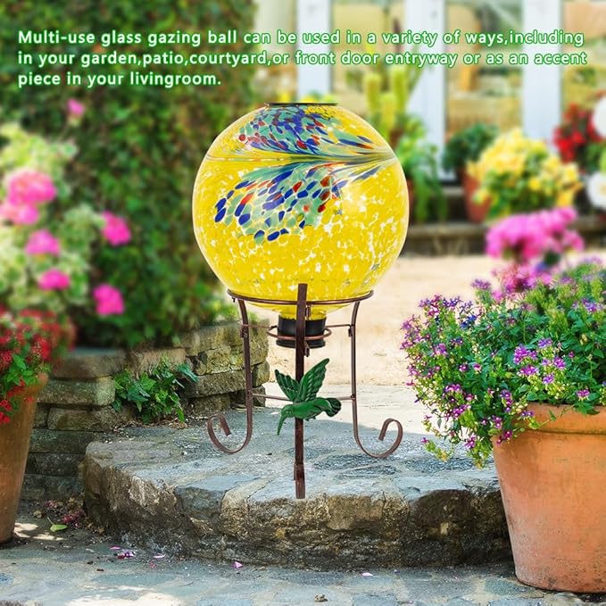 10" Diameter Solar Gazing Ball and 8.5" Metal Stand Indoor Outdoor Glass Globe Sphere Yard Art Ornament Solar Gazing Balls for Garden,Lawn,Porch,Patio Gardening Gift for Women(Yellow)-HomvellaHome