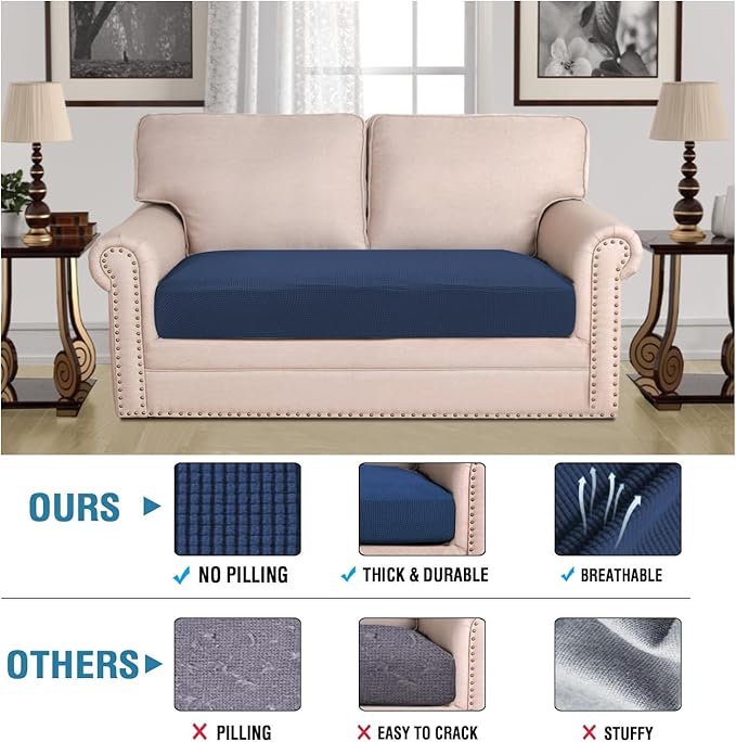 H.VERSAILTEX Super Stretch Individual Seat Cushion Covers Sofa Covers Couch Cushion Covers Slipcover Sets Thick Jacquard Textured Twill Fabric (1 Piece Loveseat Cushion Cover, Navy)-HomvellaHome