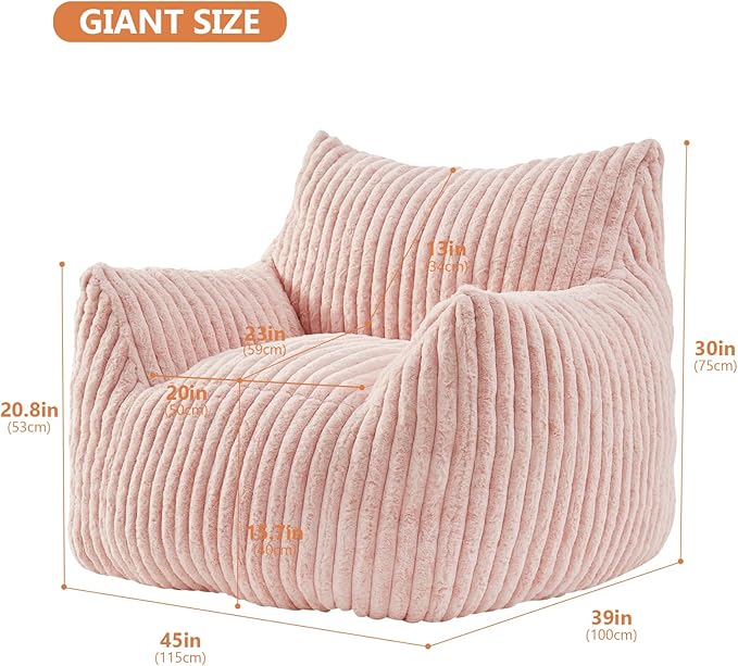 Giant Bean Bag Chairs for Adults with Filling Plush Fluffy Bean Bag Chairs for Teens with Armrests Comfy BeanBag Lazy Couch Sofa Chair for Bedroom Living Room Reading-HomvellaHome