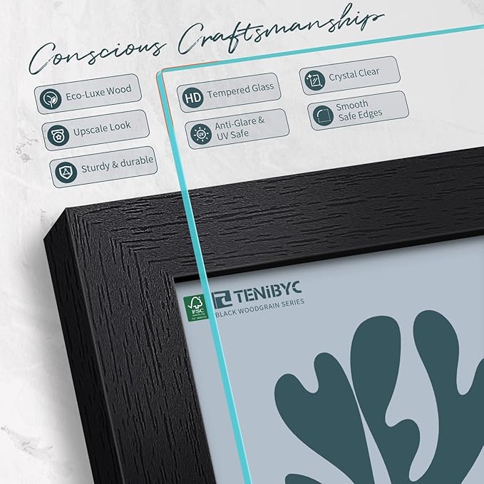 11x17 Picture Frame 3 Pack - Black Woodgrain, Solid Wood & HD Tempered Glass, Wall Gallery Poster Frame-HomvellaHome