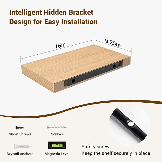 16 Inch Floating Shelves, 3D Textured Wood Grain, 16"x9.25"x1.5" Inch Deep Floating Shelves for Wall, Wooden Shelves for Bathroom, Bedroom, Living Room, Natural-HomvellaHome