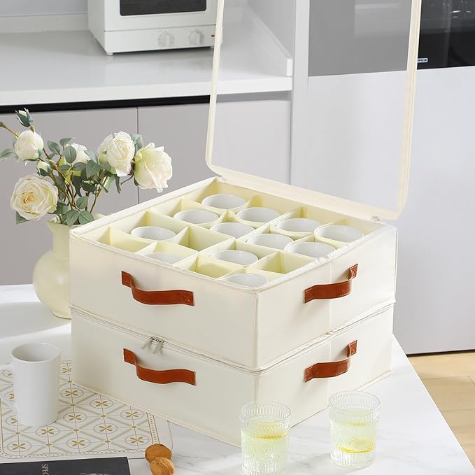 2 Pack Cup and Mug Storage Box with Dividers and Hard Shell, Stackable Coffee Cup Storage Organizer with Lid, Zipper, and Handles for Coffee Mugs, Cups, Glasses, Stemware Storage Containers for Moving-HomvellaHome