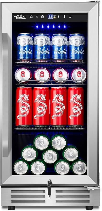 15'' Beverage Refrigerator and Beer Fridge Under Counter Built-in or Freestanding,127 Cans Beverage Cooler with Glass Door and Lock for Bottles and Cans Beer/Soda/Water/Wine-HomvellaHome