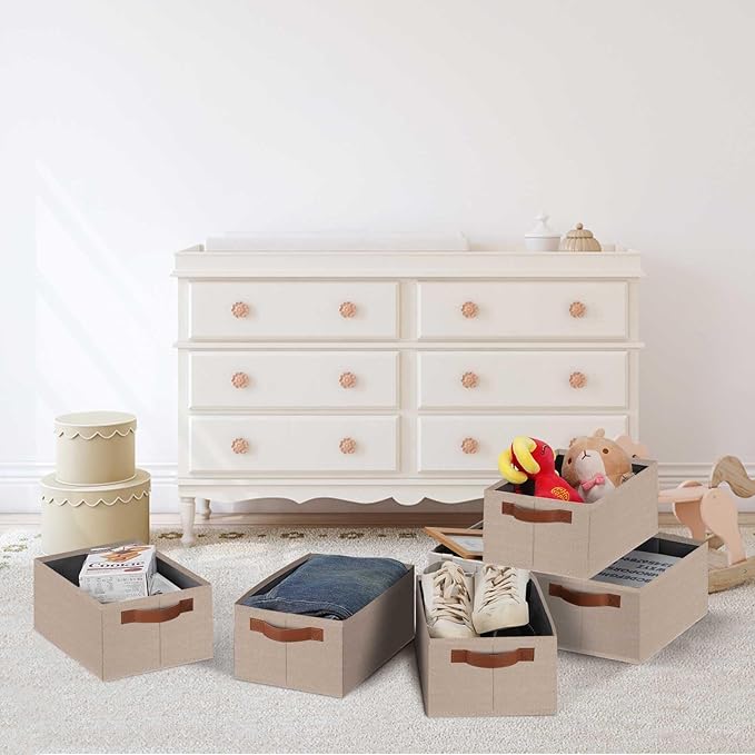 GhvyenntteS Small Fabric Storage Bins 12 Pack, 11.8" x 7.87" x 5.11" Storage Basket with Leather Handles, Closet Storage Bins for Shelves, Storage Baskets for Shelves, DVD Storage (Beige Yellow)-HomvellaHome