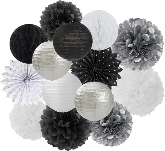 Black White Silver Party-Decorations Streamers-Lanterns - 14pc New Years Graduation 2025 Paper Fan, Bachelorette Birthday Wedding Baby Bridal Shower Tissue Pom Poms,Honeycomb Balls Decor Ouruola