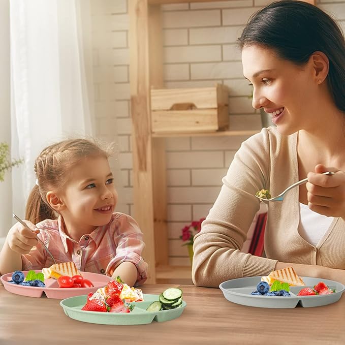 greenandlife 10 Inch 4PCS Unbreakable Portion Control Plates, Divided Plates for Kids Adults, Dishwasher & Microwave Safe Compartment Plate, Lightweight Reusable Wheat Straw Plate, BPA Free-HomvellaHome