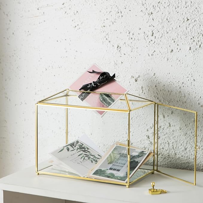 Glass Wedding Card Box with Slot, Large Clear Card Box 10.2 inch Gold Brass Gift Card Storage Box with Lock for Wedding Receptions, Baby Shower, Birthday Party, Bridal Shower-HomvellaHome
