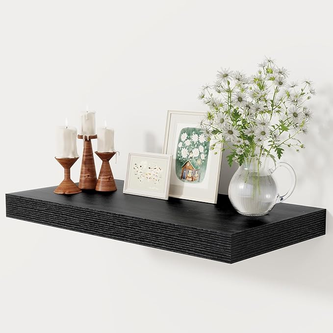 12 Inch Deep Black Floating Shelves, 24 x 12 Floating Shelf for Books, Rustic Wood Deep Wall Shelves for Home Storage & Display, 2" Thicked Shelves for Kitchen, Living Room, Bedroom, 1 Pack-HomvellaHome