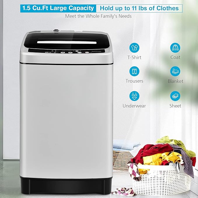 Giantex Full Automatic Washing Machine, 2 in 1 Portable Laundry Washer 1.5Cu.Ft 11lbs Capacity Washer and Spinner Combo 8 Programs 10 Water Levels Energy Saving Top Load Washer for Apartment Dorm-HomvellaHome