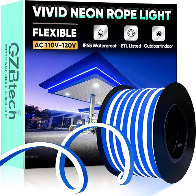 GZBtech Flexible LED Neon Rope Lights 50FT,AC 110-120V Waterproof Strip Light, 120 LEDs/M Cuttable Connectable Neon Lighting for Indoor Outdoor Home Decor/Commercial Building Use-Blue 15M-HomvellaHome