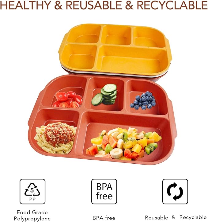 greenandlife 10.8 Inch 4PCS Divided Plates for Kids Adults, Portion Control Plates, Dishwasher & Microwave Safe Compartment Plate, Unbreakable Lightweight Reusable Wheat Straw Plates, Sunset-HomvellaHome