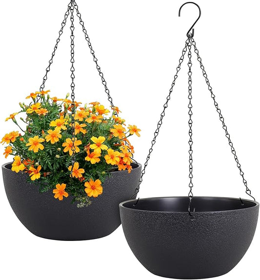 12 inch Large Hanging Planters for Indoor Outdoor Plants, 2 Pack Hanging Flower Pots with Drainage Holes and Chain for Garden Porch Plants, Plastic Hanging Baskets for House Plants, Black-HomvellaHome