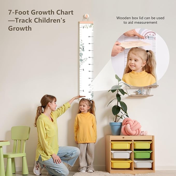 Growth Chart for Wall 7 Ft Height Chart with Keepsake Box & Hook Waterproof Canvas Measure Wall Ruler Removable Neutral Nursery Wall Decor for Baby Kids Toddlers-HomvellaHome