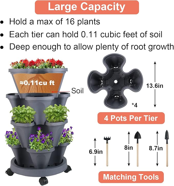 Vertical Planter 4 Tier Stackable Planters Garden Planters Strawberry Herb Flower and Vegetable Planter Indoor Outdoor Gardening Pots with Removable Wheels and Tools-HomvellaHome