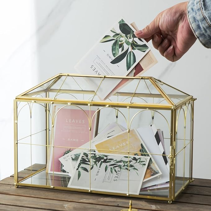 Glass Wedding Card Box with Slot, 12.6 inch Large Clear Card Box Gold Brass Gift Card Storage Box with Lock for Wedding Receptions, Baby Shower, Birthday Party, Bridal Shower-HomvellaHome
