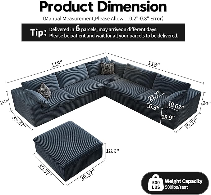 118" Cloud Couch Oversized Modular Sectional Sofa for Living Room,Modern Sofa with Deep Seat，6 Seater Boneless Couch,Comfy Upholstered Corduroy Couches for Apartment, Studio, Office,Bedroom，Blue-HomvellaHome