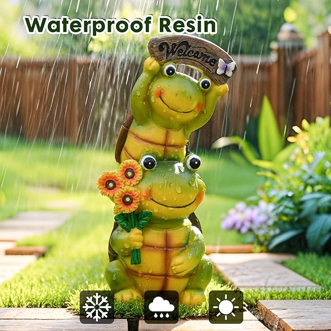 Garden Turtle Outdoor Statues, Solar Garden Statue Two Sweet Frog Face Turtles Decor with 3 LED Lights, Unique Art Resin Gifts for Patio Lawn Porch Yard-HomvellaHome