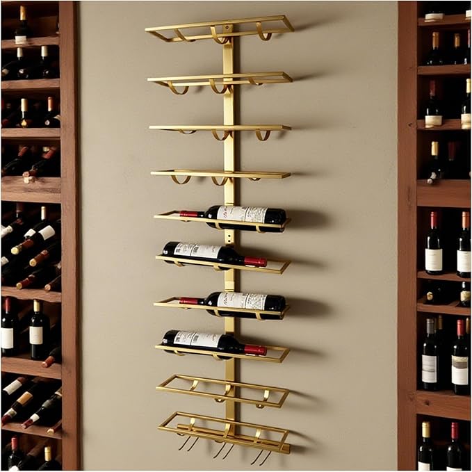 10 Bottle Wall Mount Wine Rack with Wine Glass Holder, Metal Wine Wall Rack, Wall Racks for Wine Bottles Display and Storage, Hanging Bottle Organizer for Living Dining Room Wine Cellar Bar (Gold)-HomvellaHome